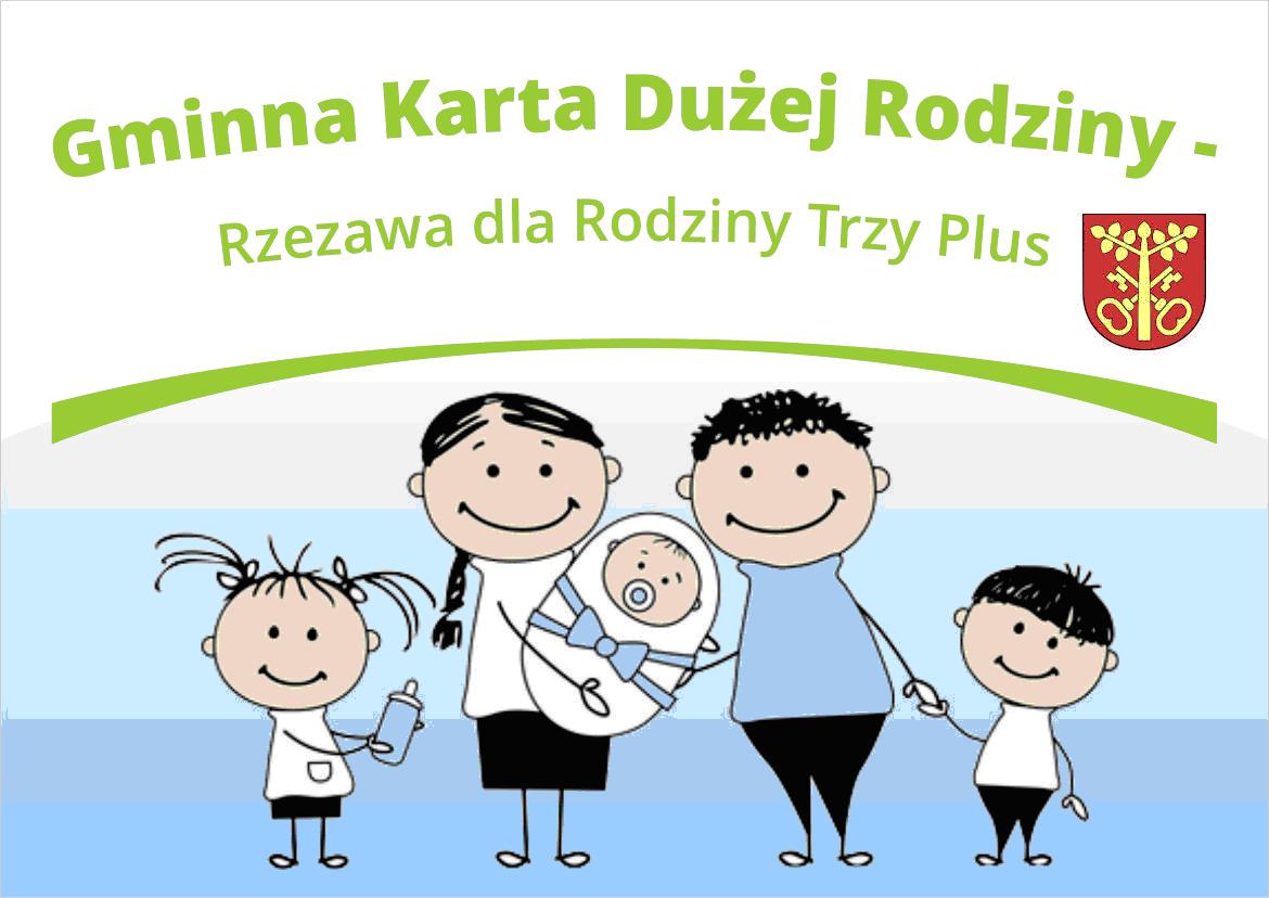 Baner Gminnej Karty Dużej Rodziny - Rzezawa dla Rodziny Trzy Plus. Rodzina z trójką dzieci, logo Gminy Rzezawa.
